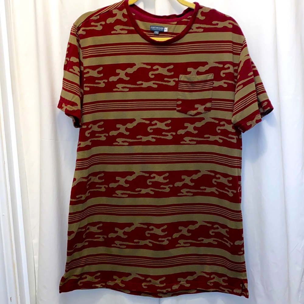 Earthbound Trading Co. Red/Taupe Multicolor Striped T Shirt w/Pocket Sz XLarge